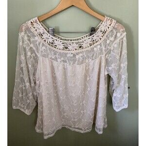 Heart Soul Women's Top 3/4 Sleeve Lace Lined Ivory Floral Pattern Size XL